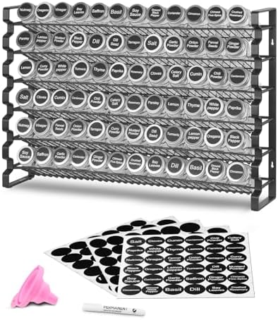 Spice Rack Organizer for Cabinet, Spice Organizer with 72 Empty Spice Jars, Lids, Spice Labels, and Funnel Complete Set, Seasoning Organizer for Countertop, Kitchen, Pantry, Cupboard, 23x16 in