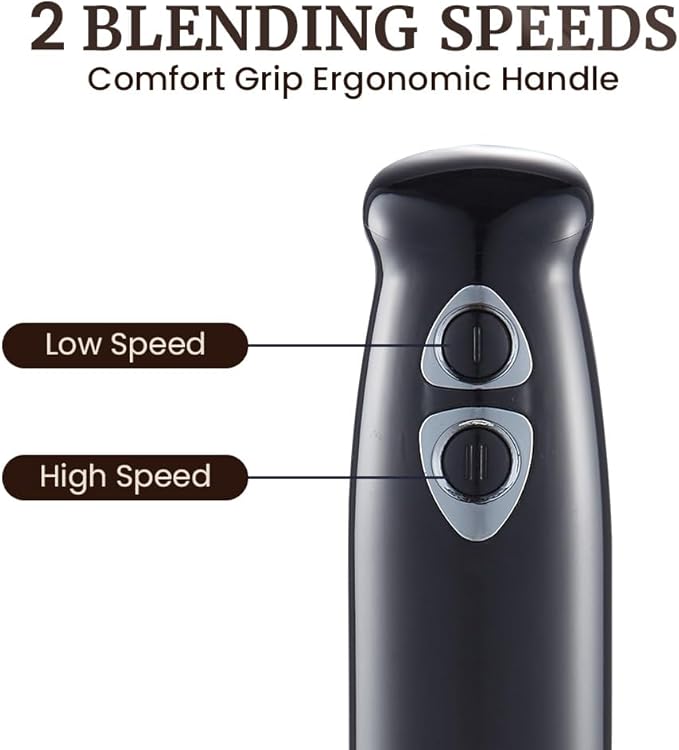 Elite Gourmet EHB1015 Immersion Hand Blender 500 Watts 2 Speed Mixing with Stainless Steel Blades, Detachable Wand Stick Mixer, Smoothies, Baby Food, Soup, Black