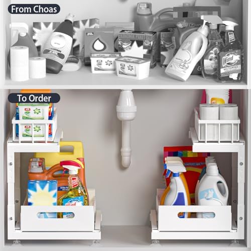 2-Pack L-Shaped Under Sink Organizer, 2-Tier Pull-out Cabinet Rack