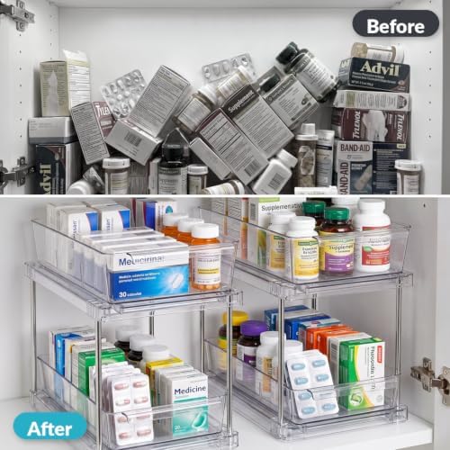 2-Tier Multi-Purpose Bathroom Under Sink Organizers and Storage, Stackable Kitchen Pantry Organization, Pull Out Medicine Cabinet Organizer with Movable Dividers, Clear, 2 Pack