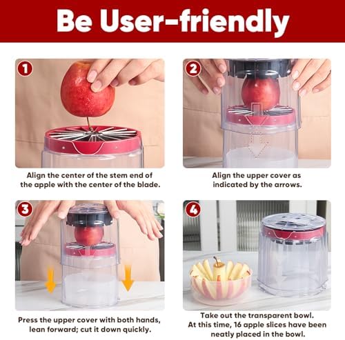 Extra-Large Apple Slicer & Corer – 16-Blade Heavy Duty Stainless Steel Apple Cutter, Safe & Quick Apple Divider for Apples, Pears & More, with Clear Catch Bowl