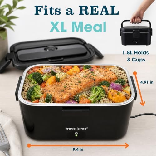 Extra-Large Electric Lunch Box For Adults Holds up to 8 Cups - 100W Heated Lunch Box For Men 1.8L, Portable Food Warmer for Travel & Work, Loncheras Electricas Para Calentar Almuerzo