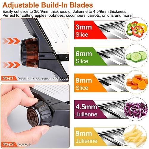 Mandoline Food Slicer Stainless Steel Food Cutter Vegetable Fruit Chopper Grater Peeler Kitchen Julienne Slicer with 5 Adjustable Blades Food Holder - Image 2