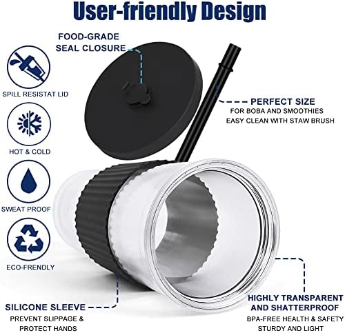 2 Pack Reusable Boba Tea Cups, 24oz Iced Coffee Cup with Straw and Lid, Leakproof Clear Plastic Cups Tumbler, Double Wall Insulated Smoothie Tumbler, Wide Straw for Bubble Tea, Black and White
