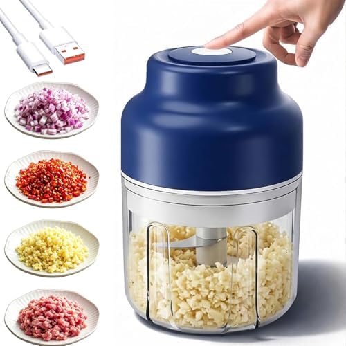 Mini Electric Garlic Chopper & Mini Portable Veggie Chopper, Household Electric Garlic Crusher, 6 Blades Electric Food Chopper for Garlic, Onion, Ginger, Chili, Spices and Fruit (Blue) by Unknown