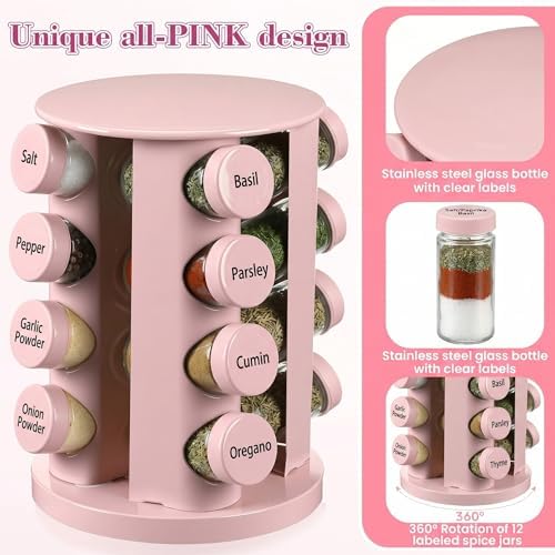 Pink Rotating Spice Rack with 16 Empty Jars and Labels