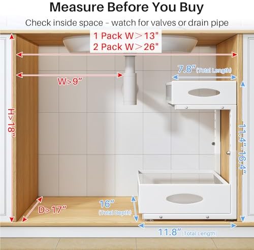 Under Sink Organizer, 2 Tier Pull Out Under Cabinet Organizer Shelf with Pad for Framed Cabinets, Metal Slide Out Under Sink Storage, Mesh Sliding Drawers for Kitchen Bathroom Laundry(White, 1 Pack)