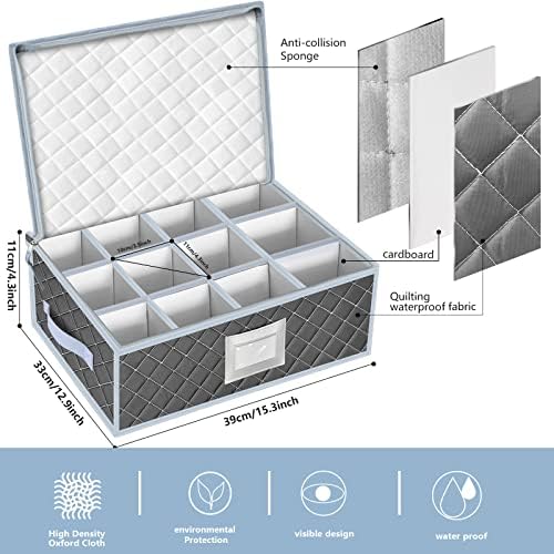 Mug and Cup Storage Box with Dividers - 2 Pack China Storage Bin Containers Holds 24 Glassware, Stackable Coffee Mug Organizer Bin and Tea Cup with 2 Metal Zipper,Label and Handles (Grey)