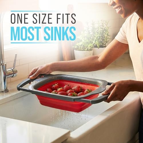 Red Collapsible Silicone Over-Sink Colander – 6 Qt – Extendable