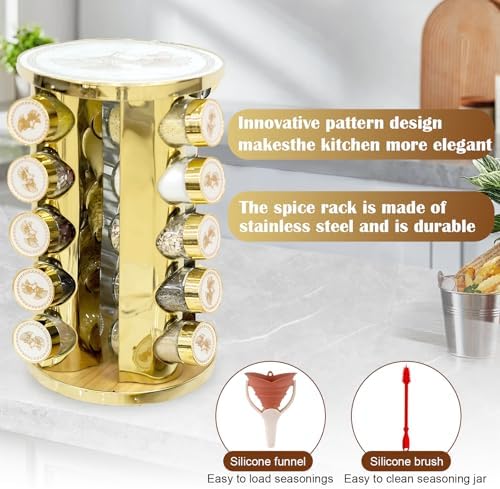 360-Rotating Kitchen countertop Stainless Steel Spice Rack, Apricot Leaf Appearance Pattern, Equipped with 20 Food Grade Glass cans (Gold + White, Five Floors of 20 Spice cans)