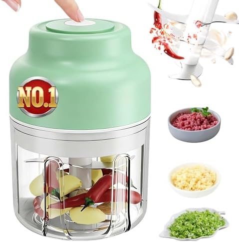 Electric Garlic Chopper Mini, Cordless Mini Food Chopper With 6 Blades, 320ml Small Garlic Grinder For Onion Chili Ginger, Rechargeable Kitchen Gadget (1, Green) by QWJUX