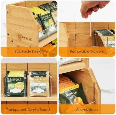 2-Layer Stackable Bamboo Tea Bag Organizer Storage Holder, Natural