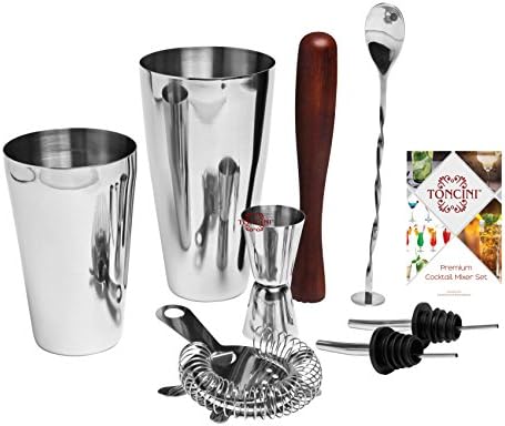 Professional Bartender Kit Cocktail Shaker Set | Bartending Tools & Accessories | Stainless Steel Martini Shaker, Strainer, Jigger, Pourers, Muddler, Mixing Spoon, Recipe Book & Velvet Bag
