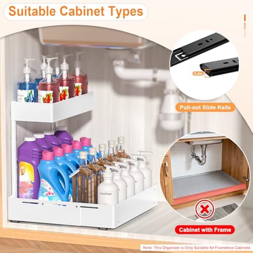 2 Pack Expandable Under Sink Organizer, 2 Tier Pull Out Cabinet Organizer with Smooth Ball Bearing Slides, Adjustable Height Cabinet Storage Shelves for Kitchen, Bathroom, Laundry, Pantry
