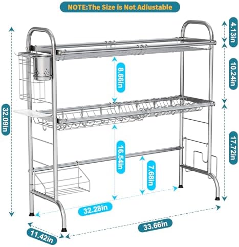 Stainless Steel 2-Tier Over The Sink Dish Drying Rack with Utensil Holder, Large, for Kitchen Counter