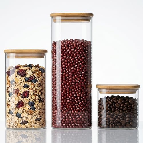 3PCSGlass Storage Containers with Lids, Airtight Pantry Storage Containers Glass Jars Kitchen Canisters, Flour Sugar Coffee Food Storage Dishwasher Safe(0.53Qt*1/1.37Qt*1/2.33Qt*1)