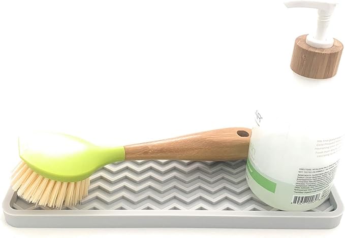Silicone Sink Organizer Tray, Rectangular, Modern Style, Heat Safe, Dishwasher Safe, for Bathroom and Kitchen Organization (Light Grey, 12"x4"