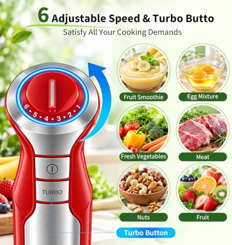 5-in-1 Immersion Blender Handheld 1000W, 6-Speed Hand Mixer, Red - Image 4