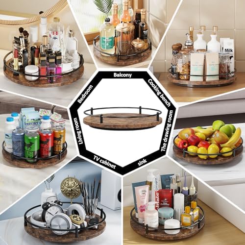 Lazy Susan Organizer：12 Inch 360 Degree Rotating Spice Rack for Kitchen Countertop Round Lazy Susan Wood Turntable Holder for Cabinet Table– Black