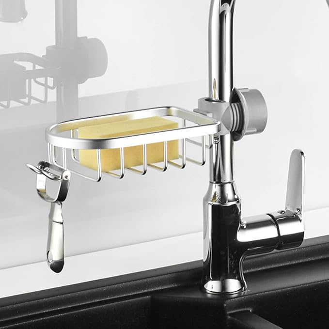 Kitchen Faucet Sponge Holder Sink Caddy Organizer Over Faucet Hanging Faucet Drain Rack for Sink Organizer (Silver-Normal)