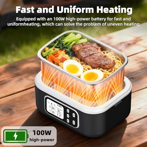 6.3 Cups Cordless Electric Lunch Box for Adults, 27000mAh 100W Rechargeable Battery Powered Automatic Scheduled Heated Lunchbox, Rapid Heating Portable Food Warmer BPA Free for Hot Meals Anywhere