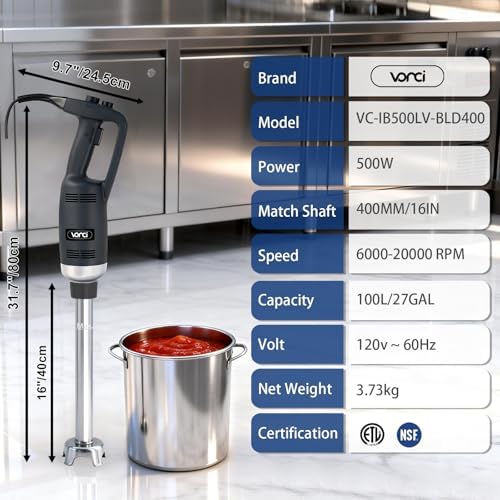 500W Commercial Immersion Blender, 16" SUS 304 Removable Shaft, Heavy Duty Power Hand Mixer with Variable Speed 6000-20000RPM, Professional Electric Stick Blender for Restaurant Kitchen Use.