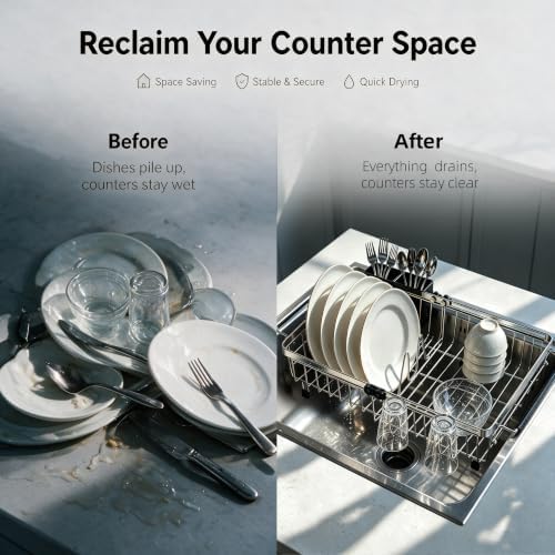 Expandable Dish Drying Rack Over & in Sink with 2 Utensil Holders