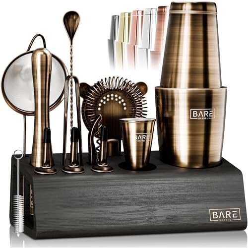 Mixology Bartender Kit Bar Set | 14-Piece Cocktail Shaker Set | Martini Barware Mixing Tools for Home Bartending | Incl. 35 Recipe Cards | Gift Set (28oz Boston Shaker, Brass/Black)