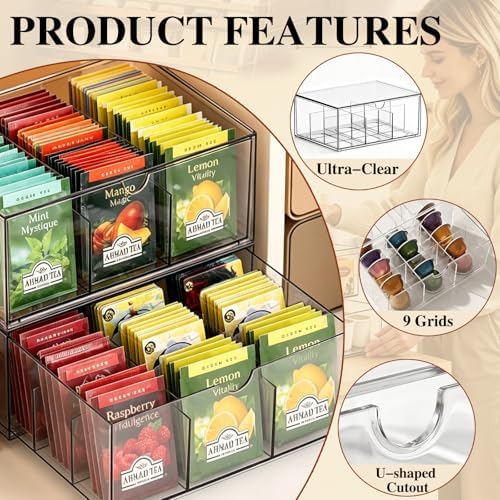 2 Pack Tea Bag Organizer, Tea Bag & Coffee Pod Drawer Storage with 9 Grid, Acrylic Stackable Holder Organizer for Cabinet Countertop | Drawer Container Storage Bins for Kitchen (9+9 Grid)
