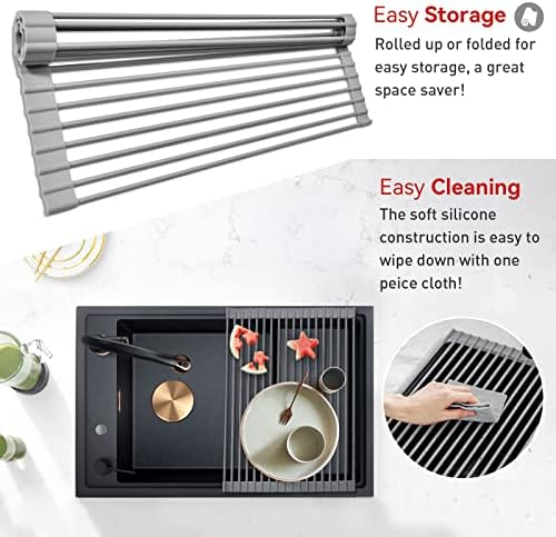 Roll Up Dish Drying Rack, Over The Sink Dish Rack Foldable, Heat-Resistant, Anti-Slip Silicone Coated Steel Dish Drainer for Kitchen Sink, Multipurpose Roll Up Sink Drying Rack, 17.5" x 13"