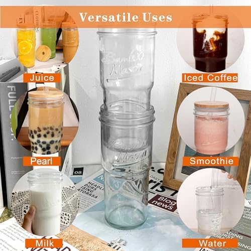 Glass Cups With Lids And Straws, Leakproof Tumbler 24oz Mason Jar Coffee Cup, Cap Cup Leak-Proof with Straw, Reusable Iced Coffee Smoothie Matcha Cup Aesthetic Coffee Gifts Women 4pc