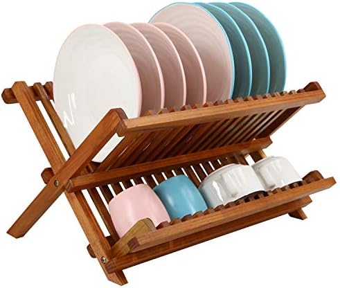 Teak Wood Dish Drying Rack, Foldable Plate Organizer Countertop