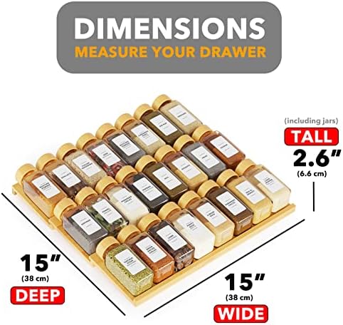 Bamboo Spice Drawer Organizer with 24 Spice Jars, 378 White Minimalist Spice Labels, 3 Tier Seasoning Rack Tray Insert for Kitchen Drawers, 15" Wide x 15" Deep x 2.6" Tall