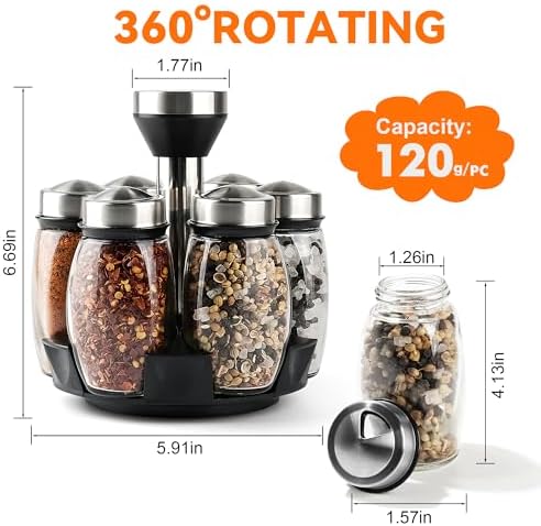6 Pack Spinning Glass Spice Jars with Organizer Rack for Countertop