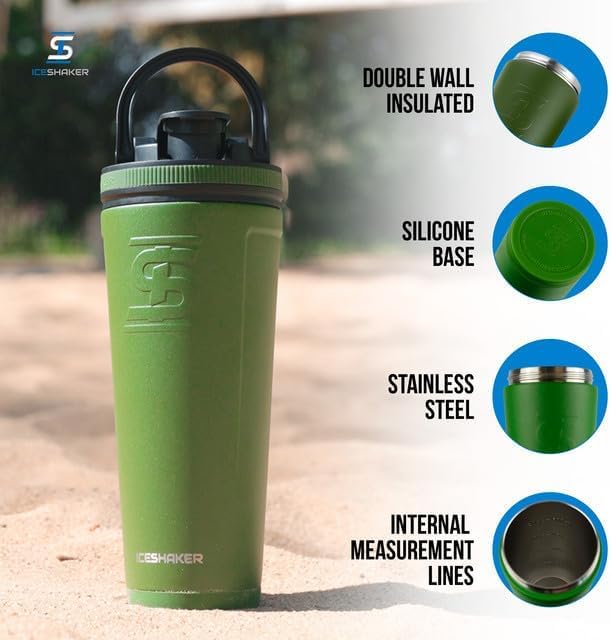 Insulated Stainless Steel Shaker Bottle | 26oz, Green | Cold for 30+ Hours | Insulated Cup with Twist-on Agitator | Odor-Free Bottle for Protein Shakes, Water, Smoothies, Cocktails