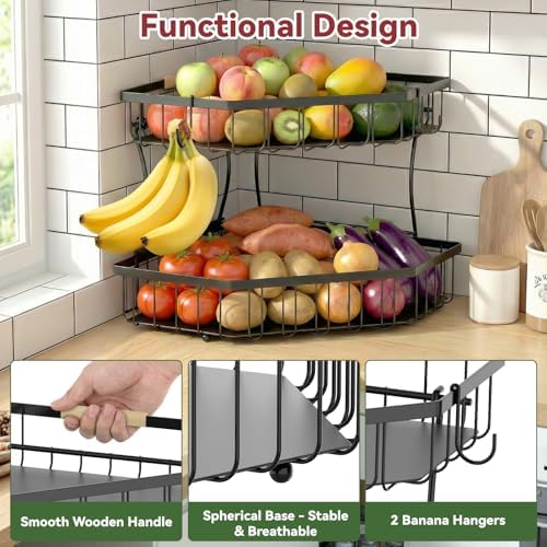2 Tier Fruit Basket for Kitchen Counter with 2 Banana Hangers for Corner