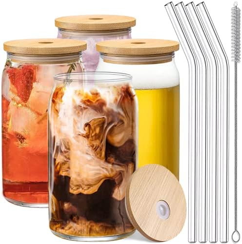 Set of 4 Patented Can Shaped® Drinking Glasses with Bamboo Lids & Straws - 16oz Clear Water Cups for Iced Coffee, Tea, Cocktails, Whiskey, Soda - Tumbler Cup