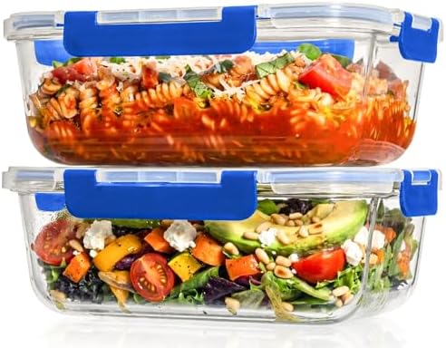 2 Pcs 1860ml / 63 Oz Large Glass Food Storage Containers with Lids - Glass Meal Prep Containers with Locking Lids for Roasting, Storing Leftover, Lunch Container, BPA Free, Microwave & Oven Safe
