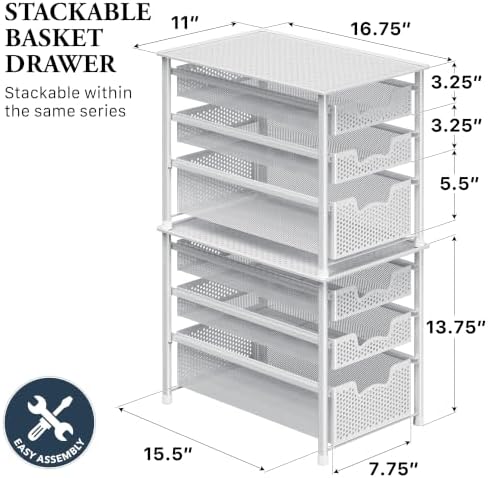 3 Tier White Alloy Steel Sliding Basket Organizer Drawer Cabinet