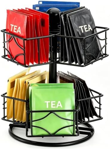 Tea Bag Organizer, 360 Degree Tea Bag Spining Carousel Organizer with 6 Compartments, Lazy Susan Sugar Coffee Creamer Caddy for Kitchen Counter Cabinet Organizer, Up to 60 Tea Bags Storage