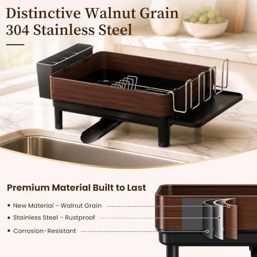 Dish Drying Rack Kitchen Counter — Walnut Look Stainless Steel, 16.6"x12.5"