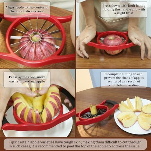 Newness 5.12 Inch Extra Large Apple Slicer, 16-Slice Heavy Duty Apple Cutter, Durable Apple Corer, Stainless Steel Apple Slicer and Corer - for Apple, Potato, Onion and More, Red