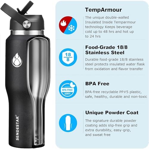 40oz Stainless Steel Water Bottle(Cold for 48 Hrs, Hot for 24 Hrs),Double Wall Vacuum Insulated Bottle with Straw Lid, Spout Lid and Flex Cap, Fit in Any Car Cup Holder,Black