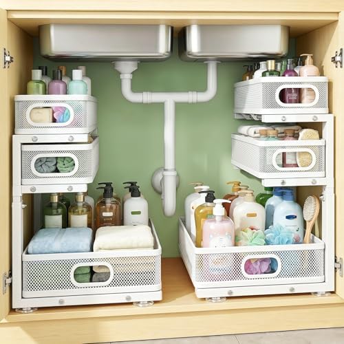 Under Sink Organizer, 2-Pack 3-tier Under Sink Storage Organizer Adjustable Height Easy Assembly Pull Out Cabinet Organizers Basket for Bathroom Kitchen Pantry Home Organization