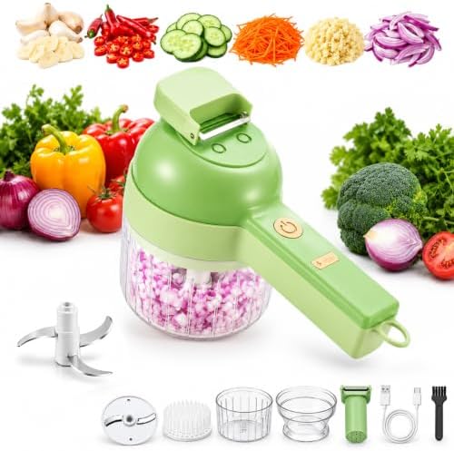 Upgraded Multi Blade Chopper Electric Hand Held, 4-in-1 Wireless Vegetable Chopper with Slicing Grating Peeling, Rechargeable Food Processor for Garlic Onion Meat, 1Pcs by Unknown