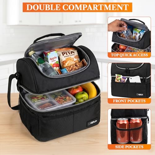 Insulated Lunch Bag for Men Women, Double Decker Leakproof, Black