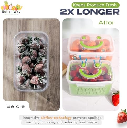 Fruit Storage Containers for Fridge - Set of 4 - Airtight Lid Keeps Fresh - For Fruit & Vegetable Storage - Space-Saving Design - Ideal for Produce, Berries, Snacks - Green