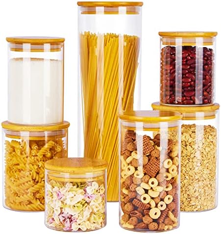 Glass Food Storage Jars, 7 Pack Kitchen Containers with Airtight Bamboo Wooden Lids for Pasta, Cookies, Nuts, Coffee Beans, Cereal, Canisters Set for Flour, Pantry Organization, BPA Free