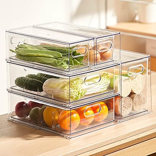 4 pack Stackable Fridge Drawers Pull-Out Bins Divided Produce Saver Containers for Refrigerator Storage Organizers for Veggie Fruit Berry Pantry Cabinet Makeup Clothes