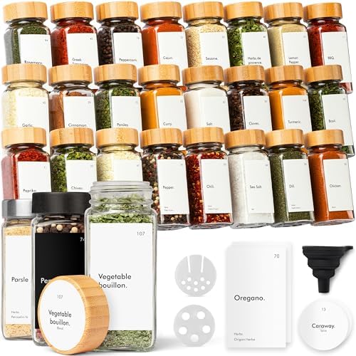 Spice Jars with Labels - 24x 4oz - Airtight Lids & BPA-Free - Bamboo